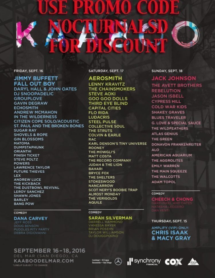 Kaboo Festival Tickets Discount Promo Code San Diego 2016 Del Mar dj comedian artist band