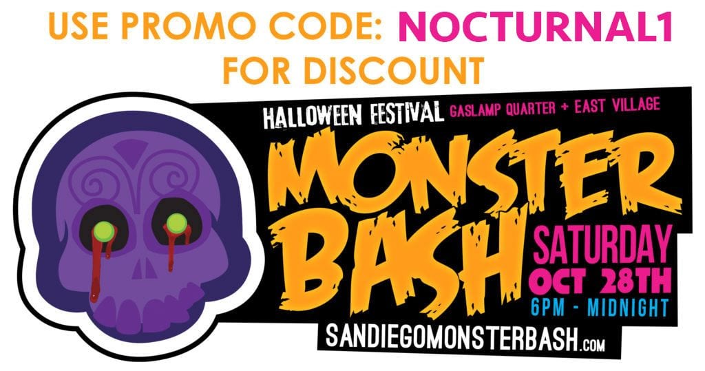 Monster Bash 2017 Halloween Gaslamp DISCOUNT Tickets Promo Code NOCTURNAL1 bones and booze crawl club bar nightlife gaslamp downtown costume halloween parking afterparty