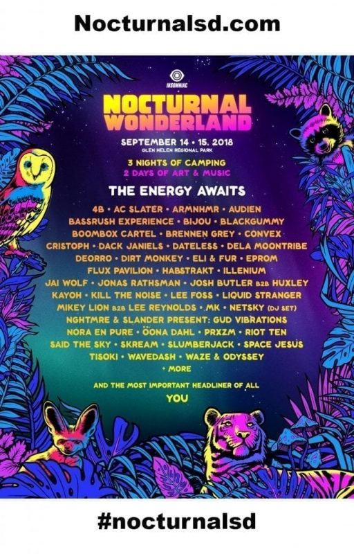 Nocturnal Wonderland 2018 Tickets for Sale Discount, insomnaic, 18 and up, 18+, 21+, rave music festival, lineup, promo code coupon free, lineup set times