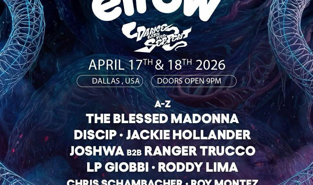 Elrow Dallas April 17 and 18 2026 weekender poster at Silo Dallas featuring The Blessed Madonna, Joshwa B2B Ranger Trucco, LP Giobbi and Jackie Hollander
